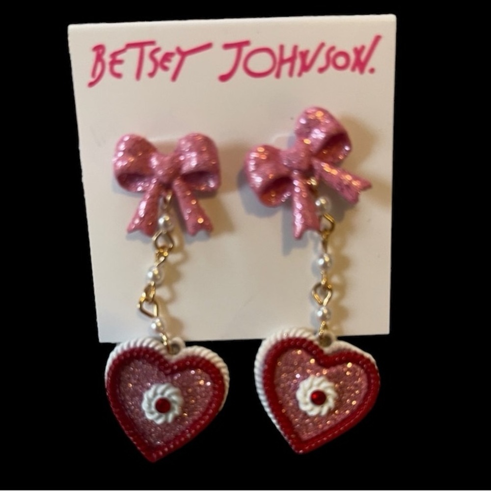 BETSEY JOHNSON Valentine’s Day Pink Red Bow Heart Glitter Drop Earrings NEW NWT